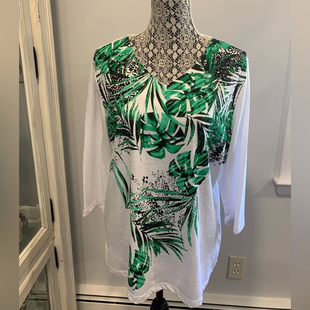 Coral Bay White and Green Tropical Print Blouse with  3/4 Sleeves size  1X